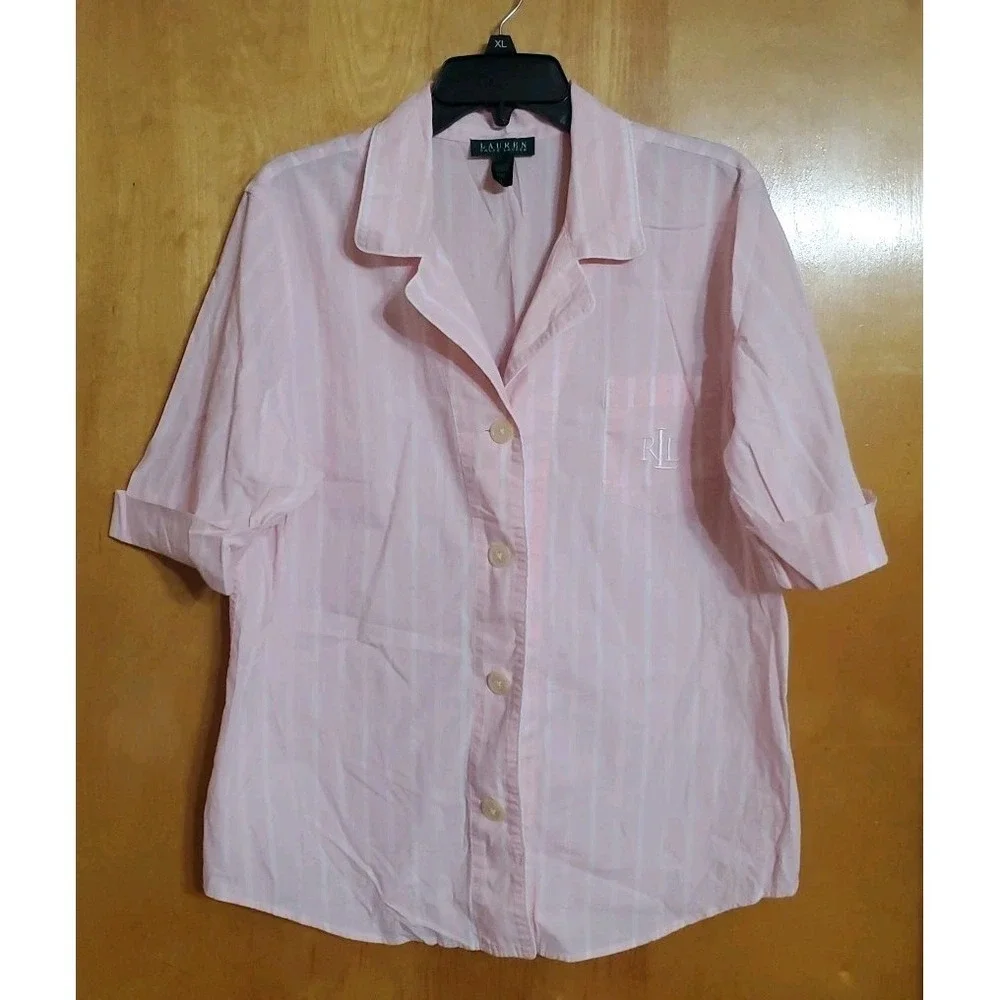Ralph Lauren Pajama Shirt Womens XL Pink White Striped Lightweight Cotton Logo‎